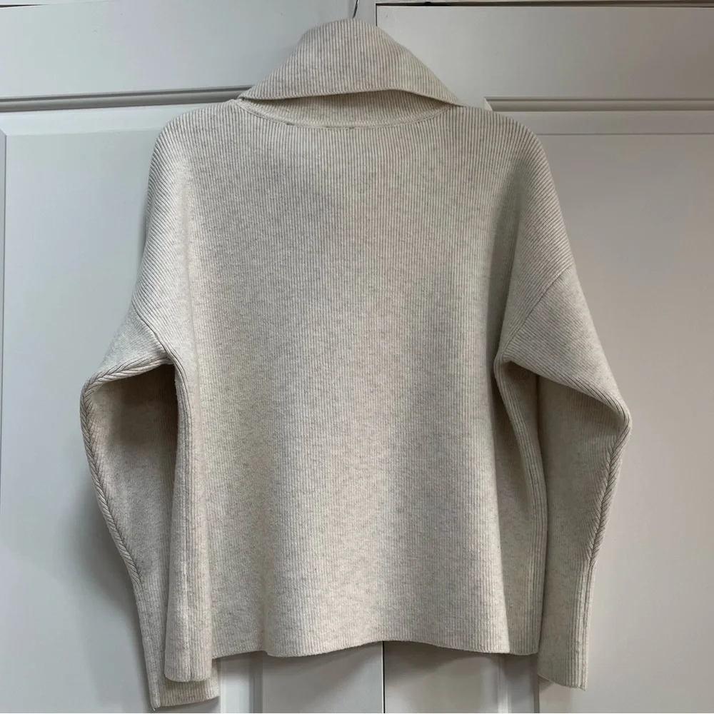 CAbi Lux Oatmeal Cowl Neck Cropped Length Tapered Sleeve Drop Shoulder Sweater - Picture 9 of 12